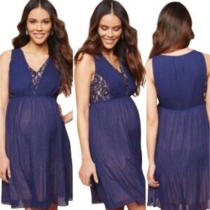 Motherhood Maternity Navy Cocktail Dress Lace Detail Pleated Semi-Formal Lined S
